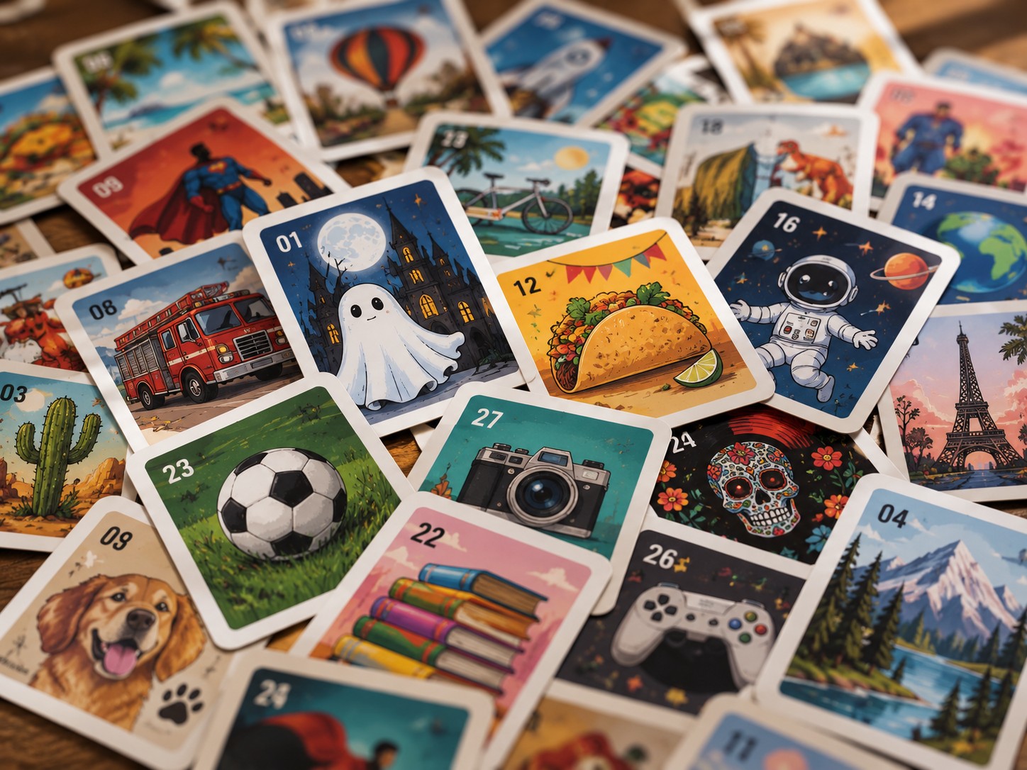 Composición fotográfica de cartas Ludotron con temáticas diversas